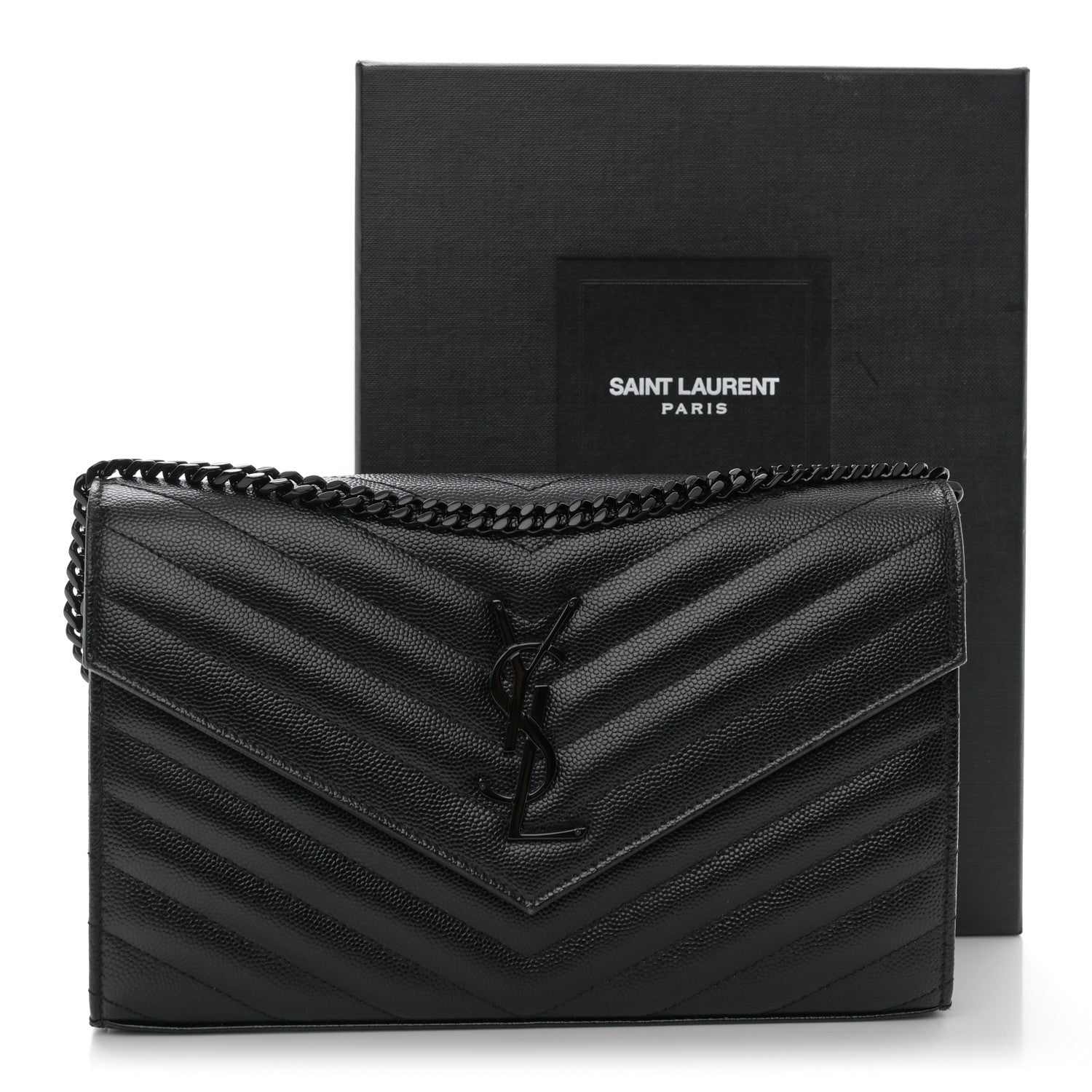 Saint Laurent Grain De Poudre Matelasse Chevron Monogram Monochrome Chain Wallet Black 11 of 11