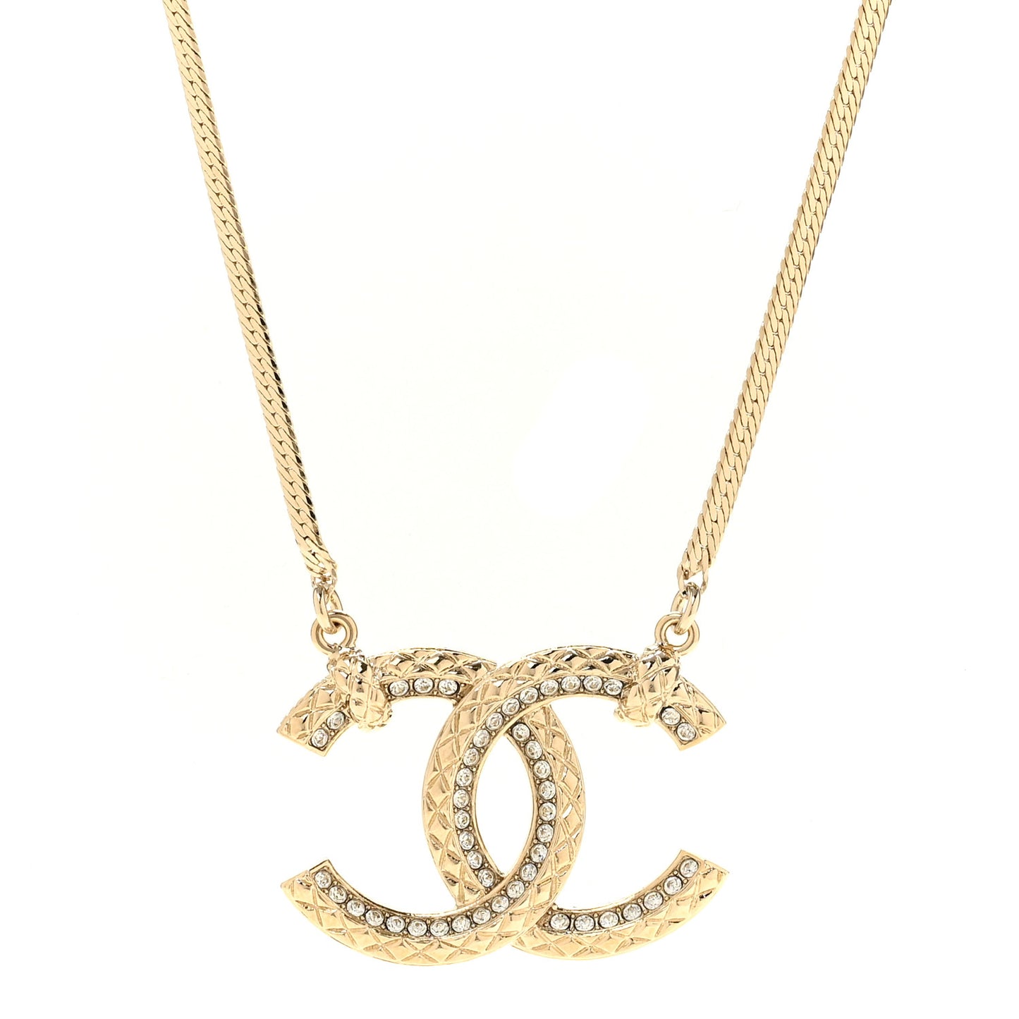 Crystal Metal Quilted CC Pendant Necklace Gold