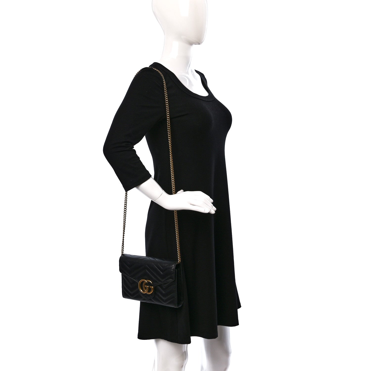 Gucci Calfskin Matelasse GG Marmont Chain Wallet Black 2 of 9