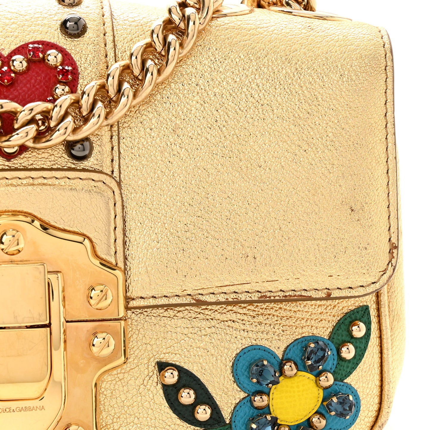 Metallic Calfskin Crystal Embellished Lucia Shoulder Bag Gold Multicolor