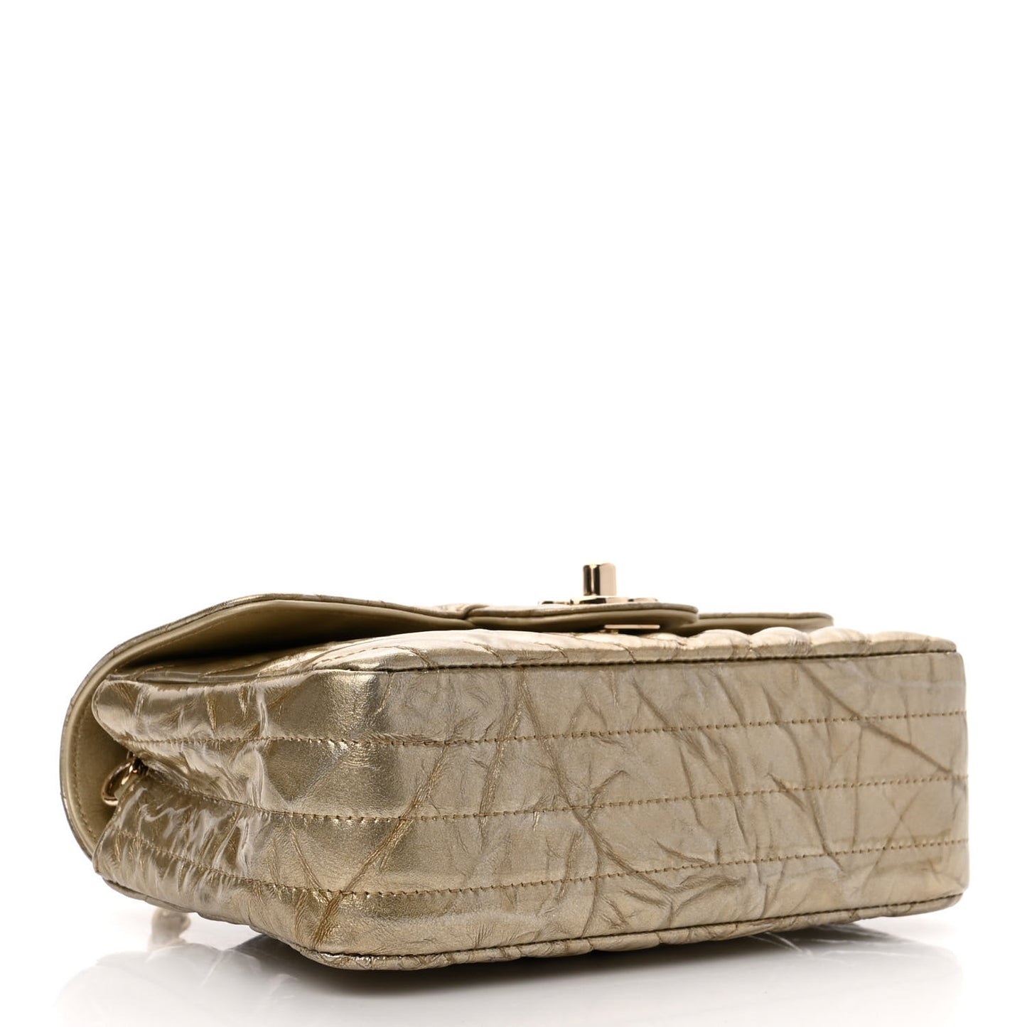 Patent Metallic Crumpled Calfskin Chevron Quilted Mini Rectangular Flap Gold
