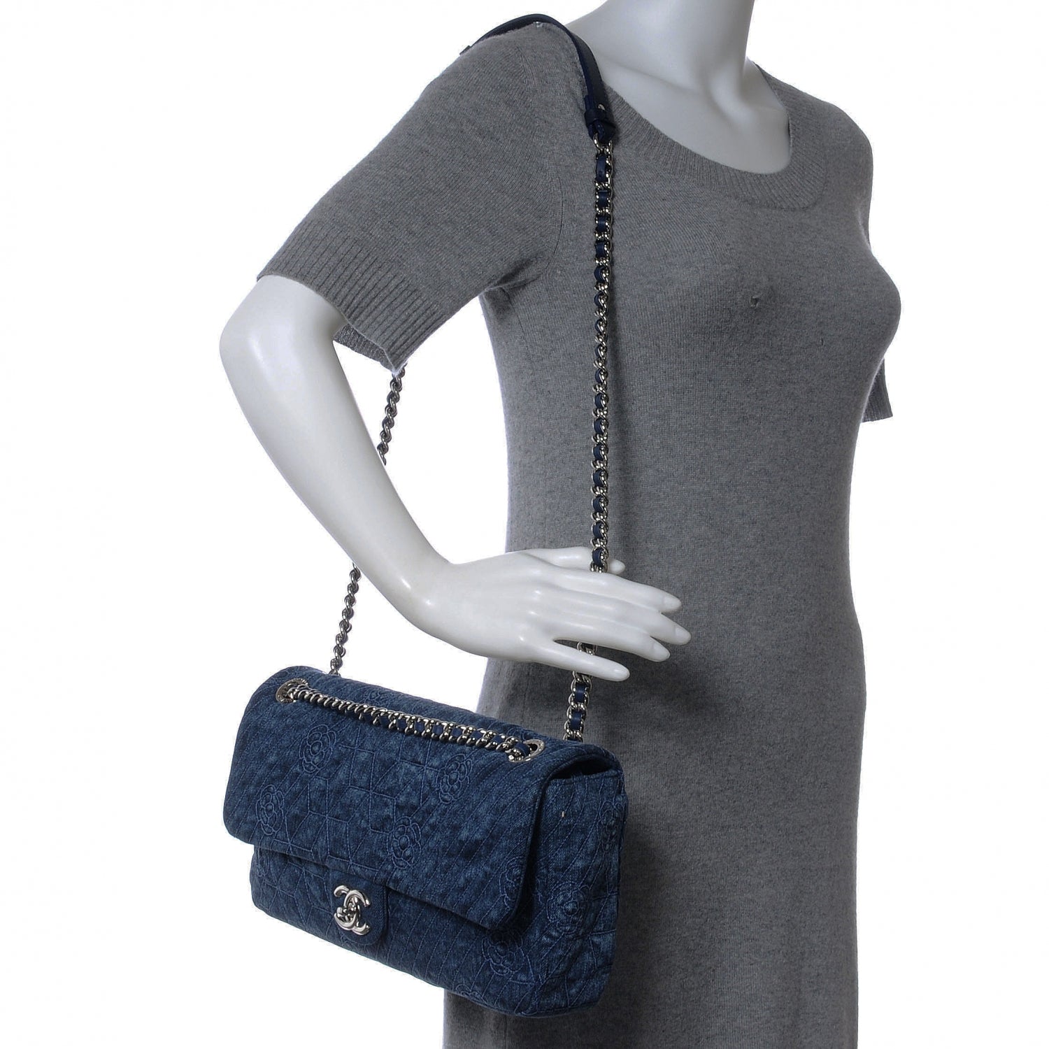Chanel Denim Camellia Embroidered Large Flap Dark Blue 2 of 7