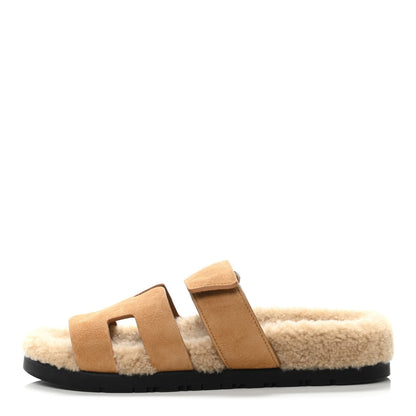Hermes Suede Goatskin Woolskin Womens Chypre Sandals 35 Golden Beige 1 of 4