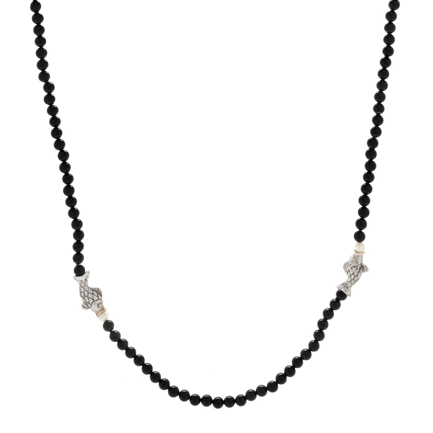 18K Yellow Gold Black Onyx Pearl Fish Bead Necklace