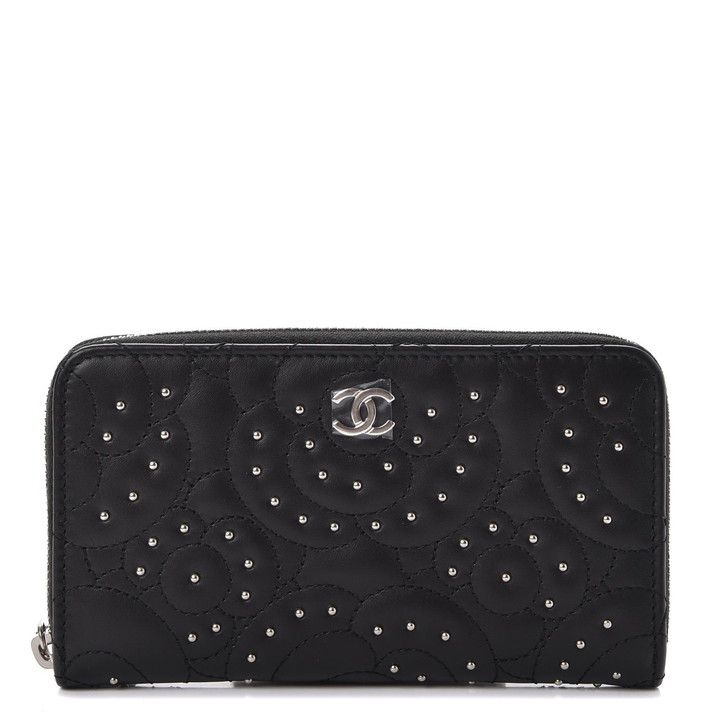 Lambskin Camellia Studded Zip Around Wallet Black