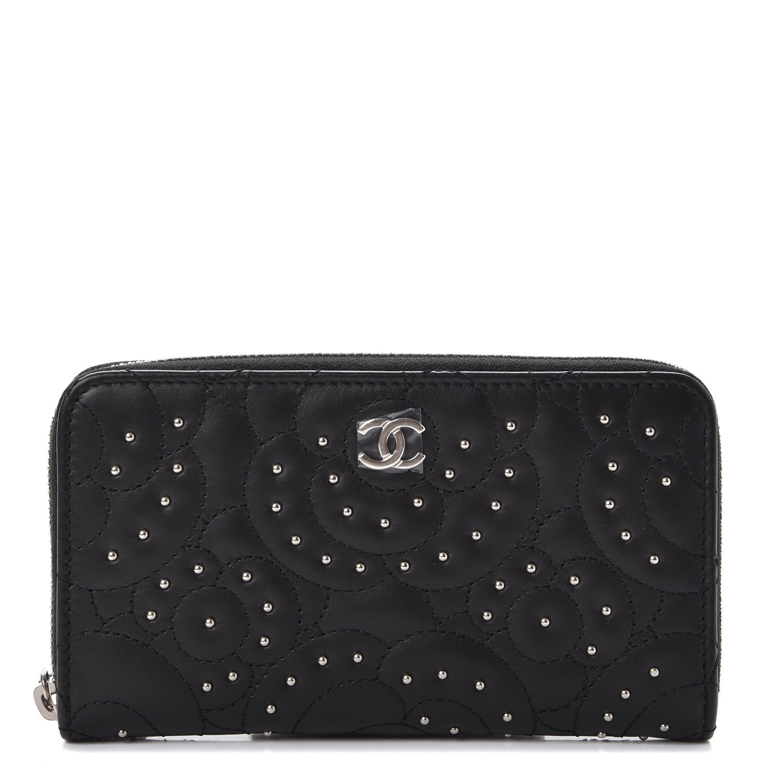 Chanel Lambskin Camellia Studded Zip Around Wallet Black 1 of 8