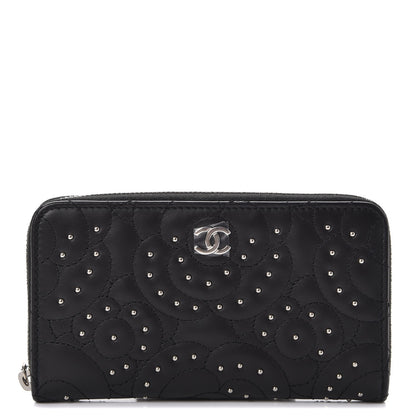 Chanel Lambskin Camellia Studded Zip Around Wallet Black 1 of 8