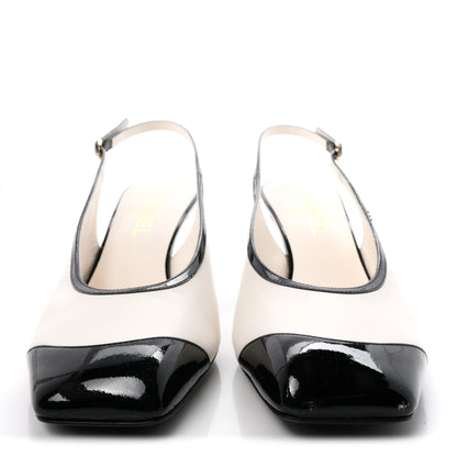 Chanel Lambskin Patent Calfskin Cap Toe CC Slingback Pumps 40 White Black 3 of 10