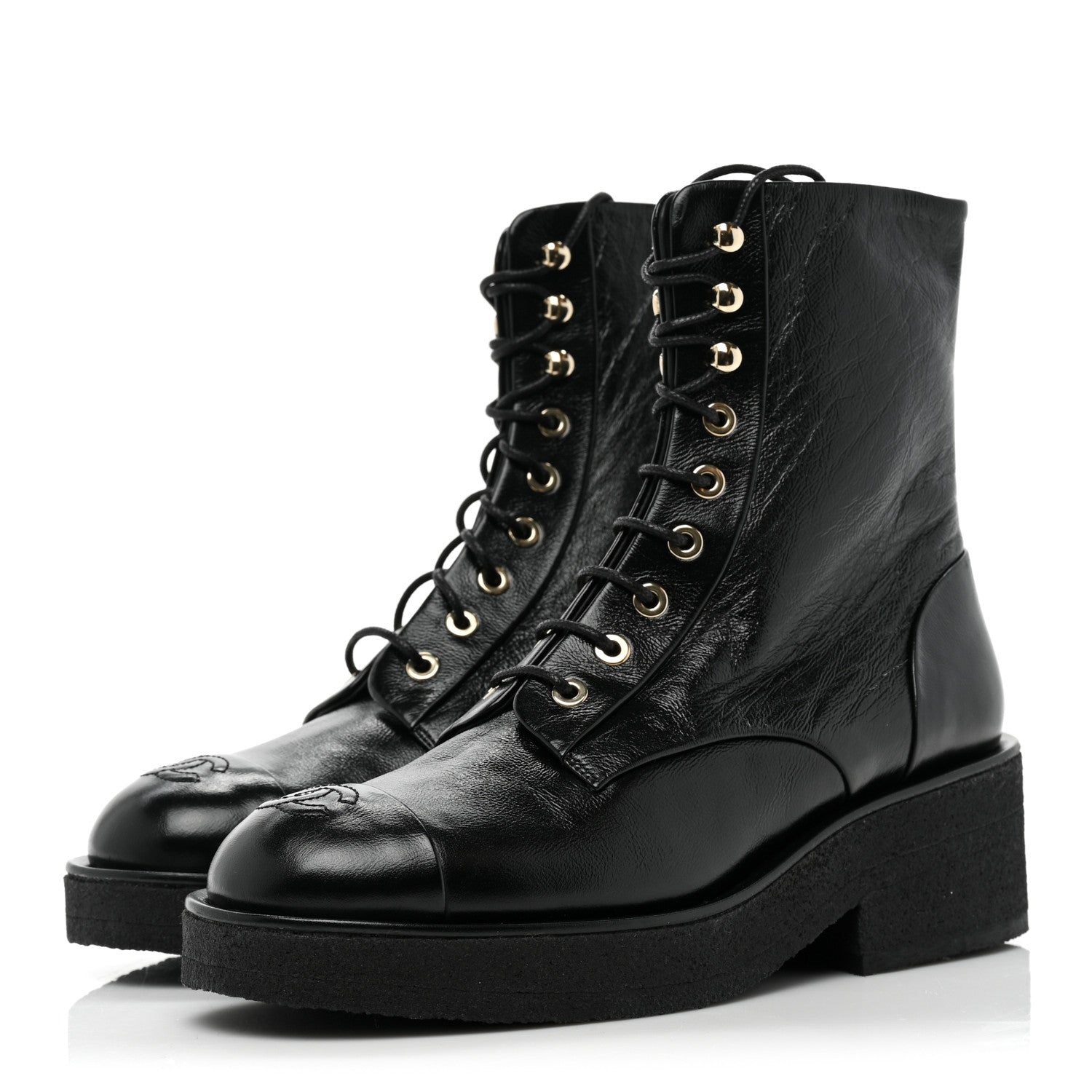 Chanel Calfskin Cap Toe Combat Boots 37.5 Black 3 of 9