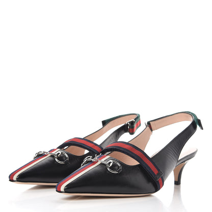 Gucci Malaga Kid Web Horsebit Low Heel Slingback Pumps 38 Black 3 of 8
