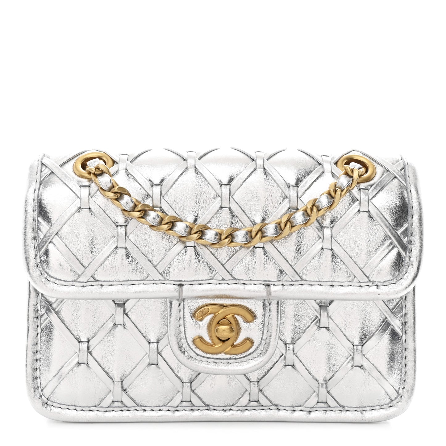 Metallic Calfskin Quilted Braided Mini Rectangular Flap Silver