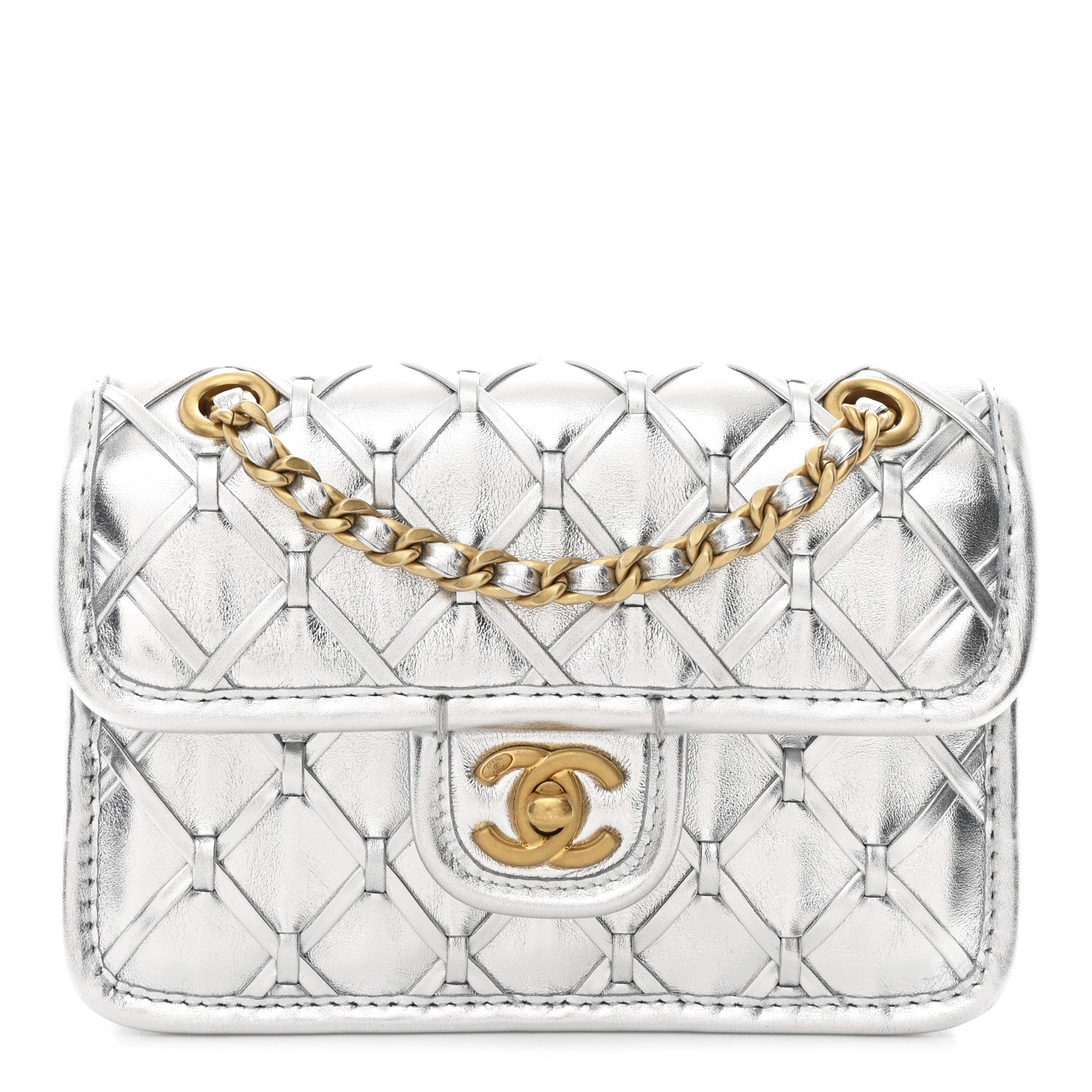 Chanel Metallic Calfskin Quilted Braided Mini Rectangular Flap Silver 1 of 11