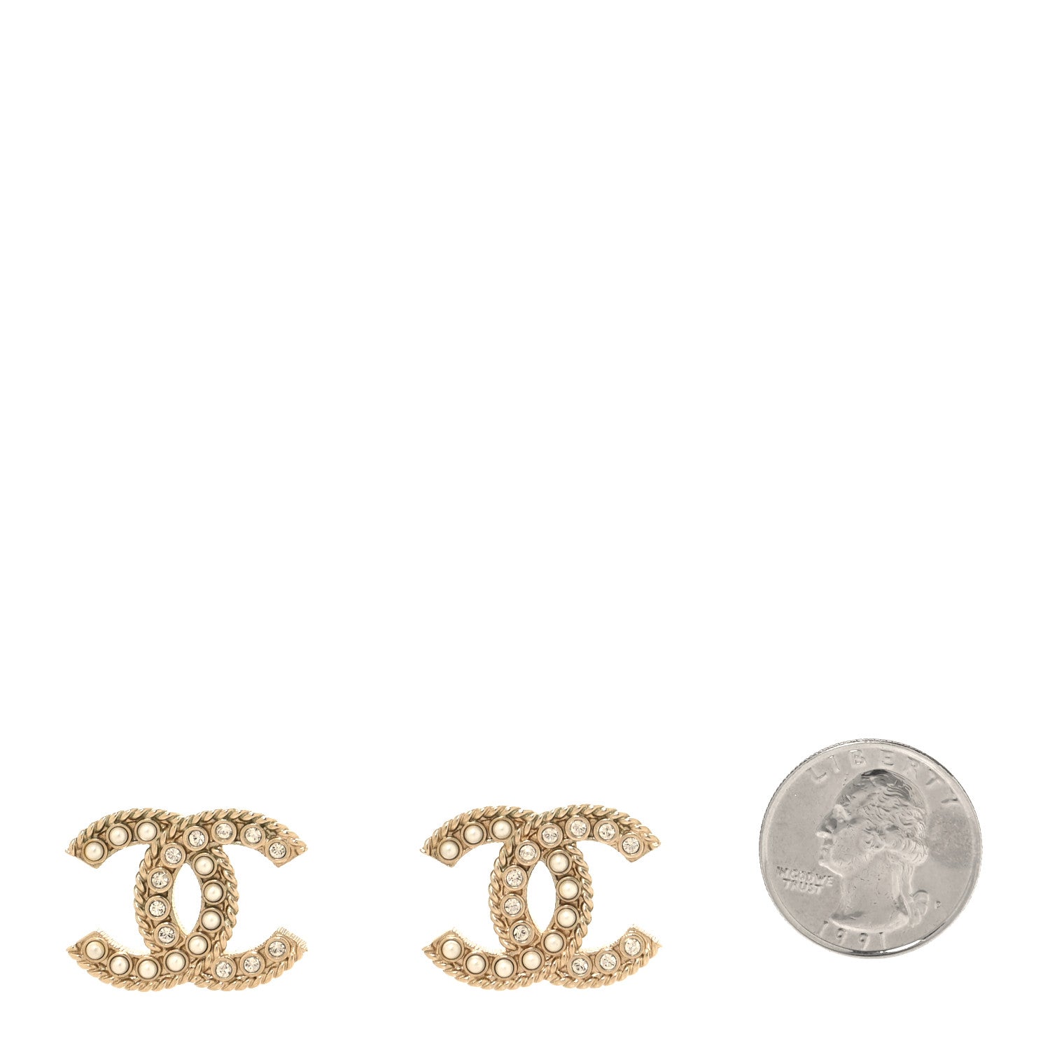 Chanel Pearl Crystal CC Stud Earrings Gold 2 of 5