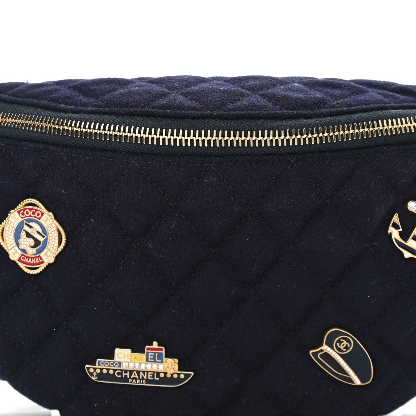 Wool Lambskin Quilted Paris Hamburg Charms Waist Bag Dark Navy