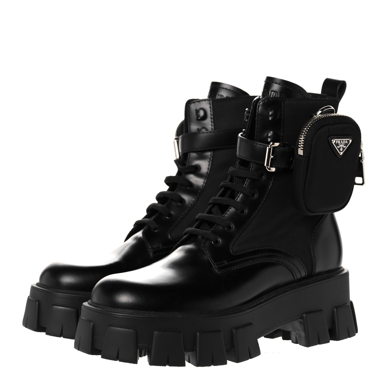 Prada Spazzolato Rois Nylon Metal Triangle Logo Monolith Pouch Pocket 55mm Boots 39 Black 3 of 9