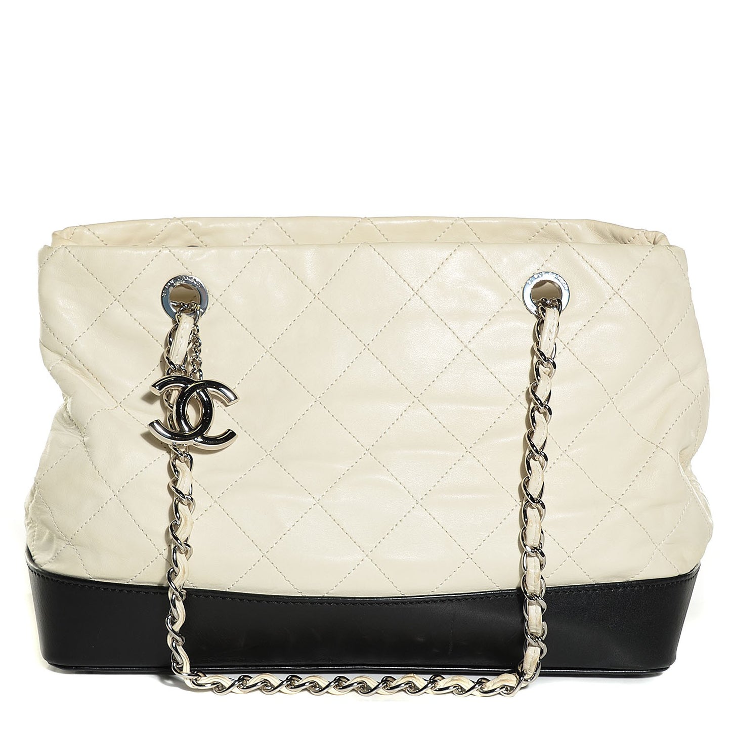 Iridescent Calfskin Stitched Medium VIP Shopping Tote White Black