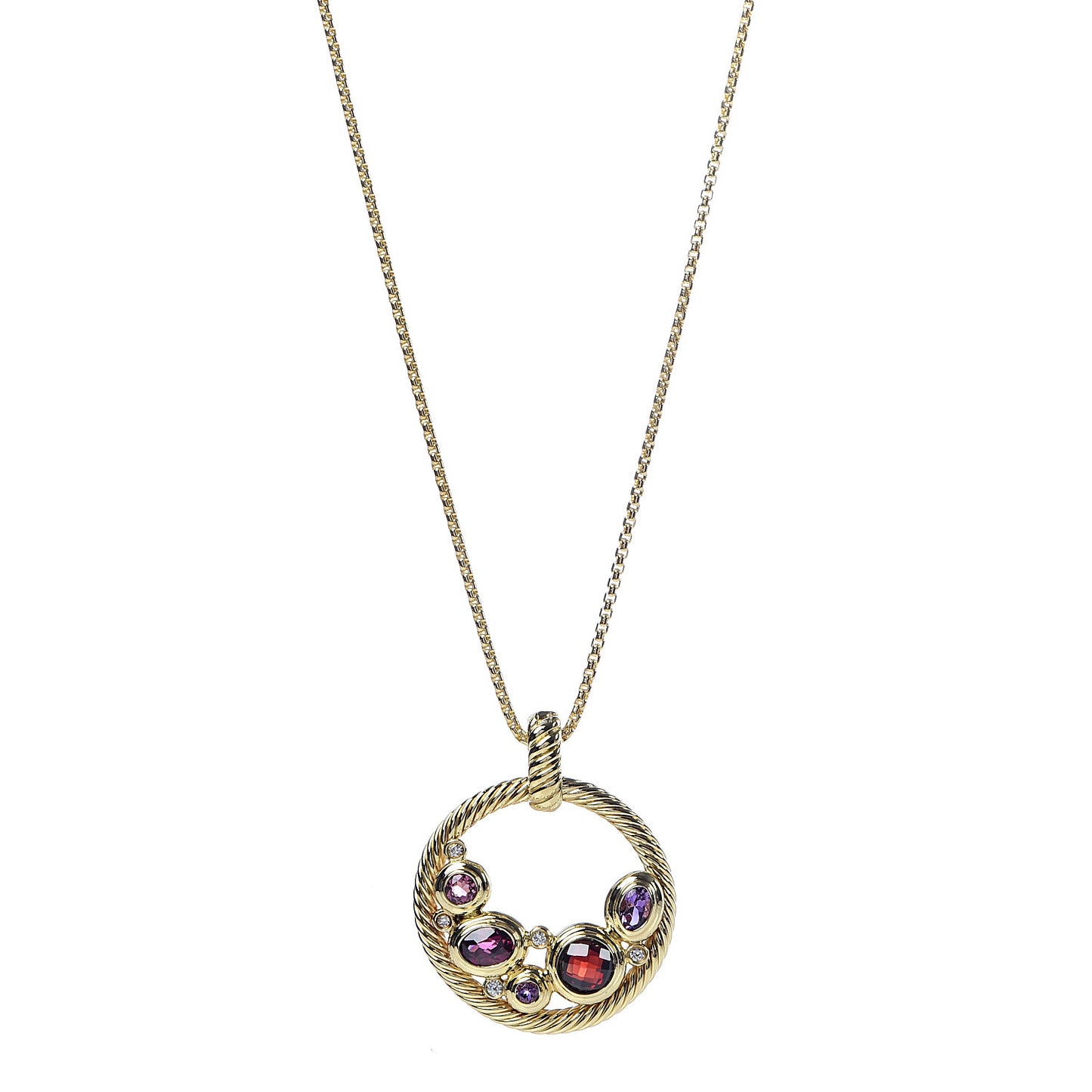 18K Yellow Gold Diamond Amethyst Garnet Sapphire Mosaic Collage Pendant Necklace