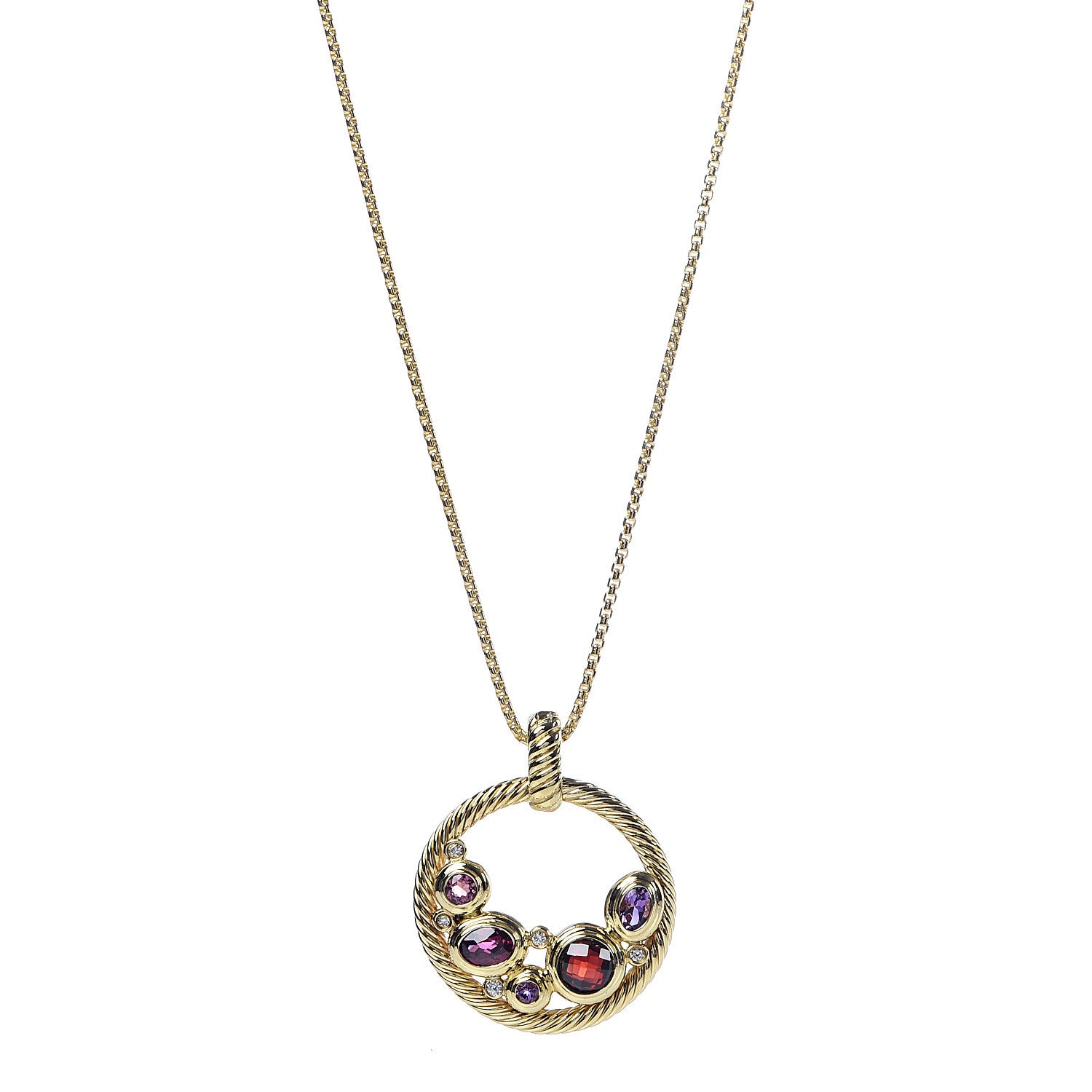 David Yurman 18K Yellow Gold Diamond Amethyst Garnet Sapphire Mosaic Collage Pendant Necklace 1 of 6