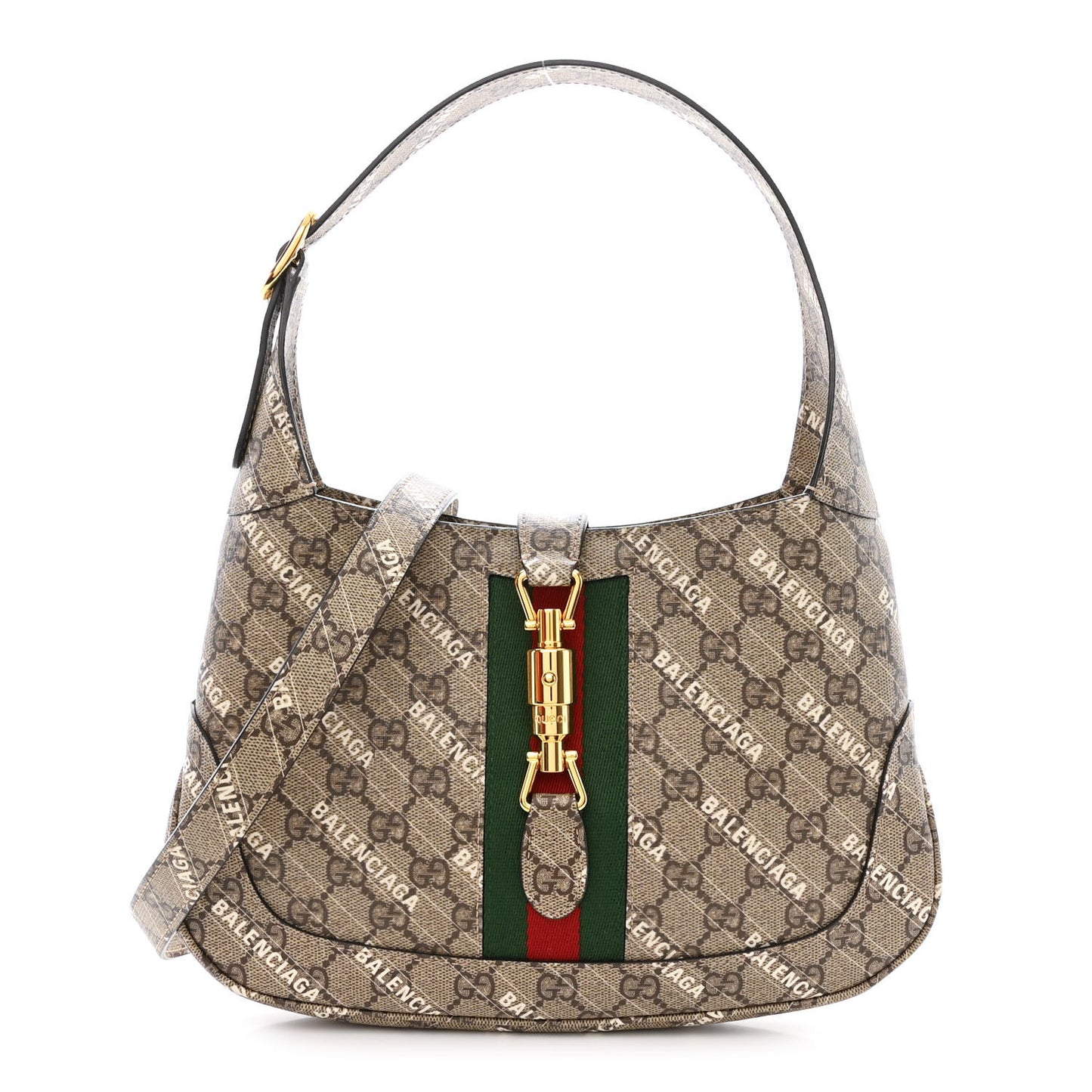 X BALENCIAGA GG Supreme Monogram Striped Logo Print Web Small Jackie 1961 Hobo Beige Ebony Mystic White
