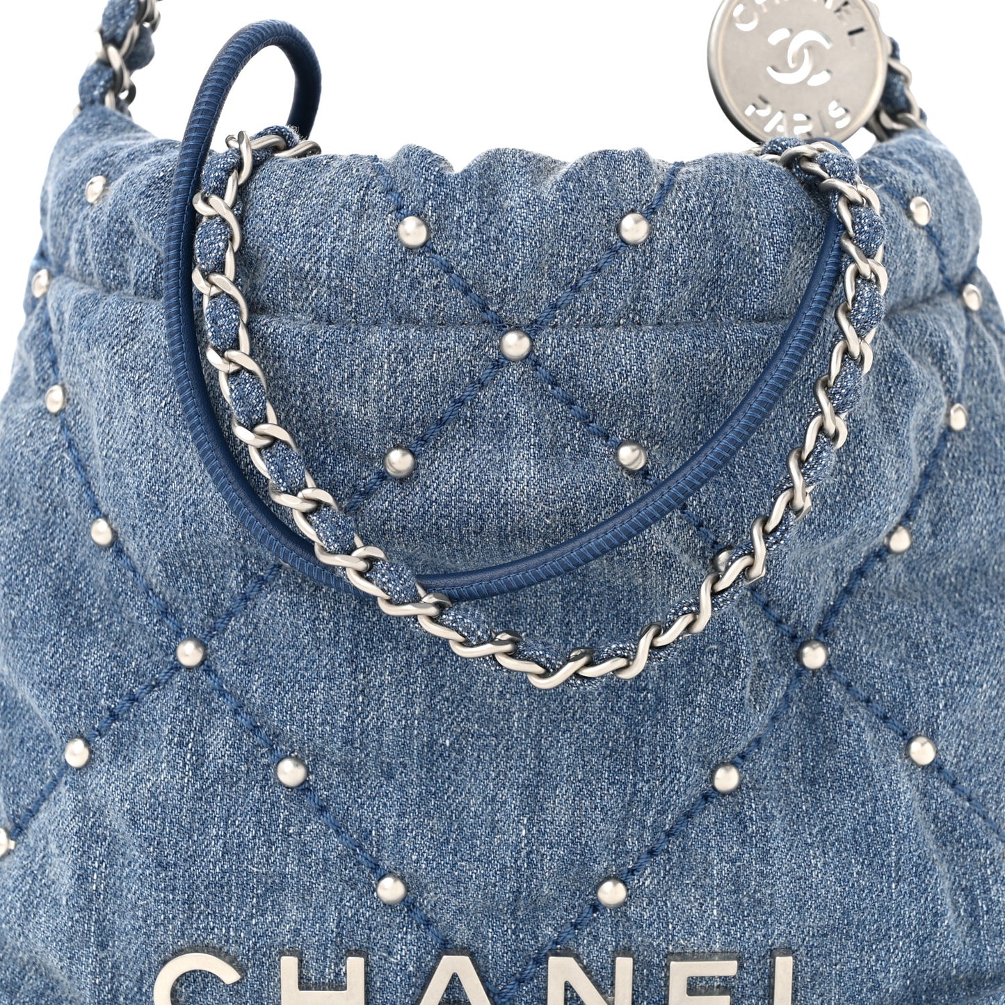 Washed Denim Quilted Studded Mini Chanel 22 Blue