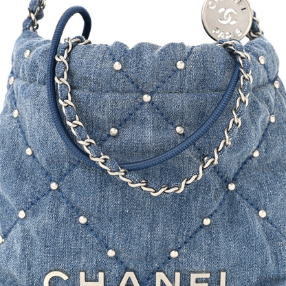 Chanel Washed Denim Quilted Studded Mini Chanel 22 Blue 8 of 11