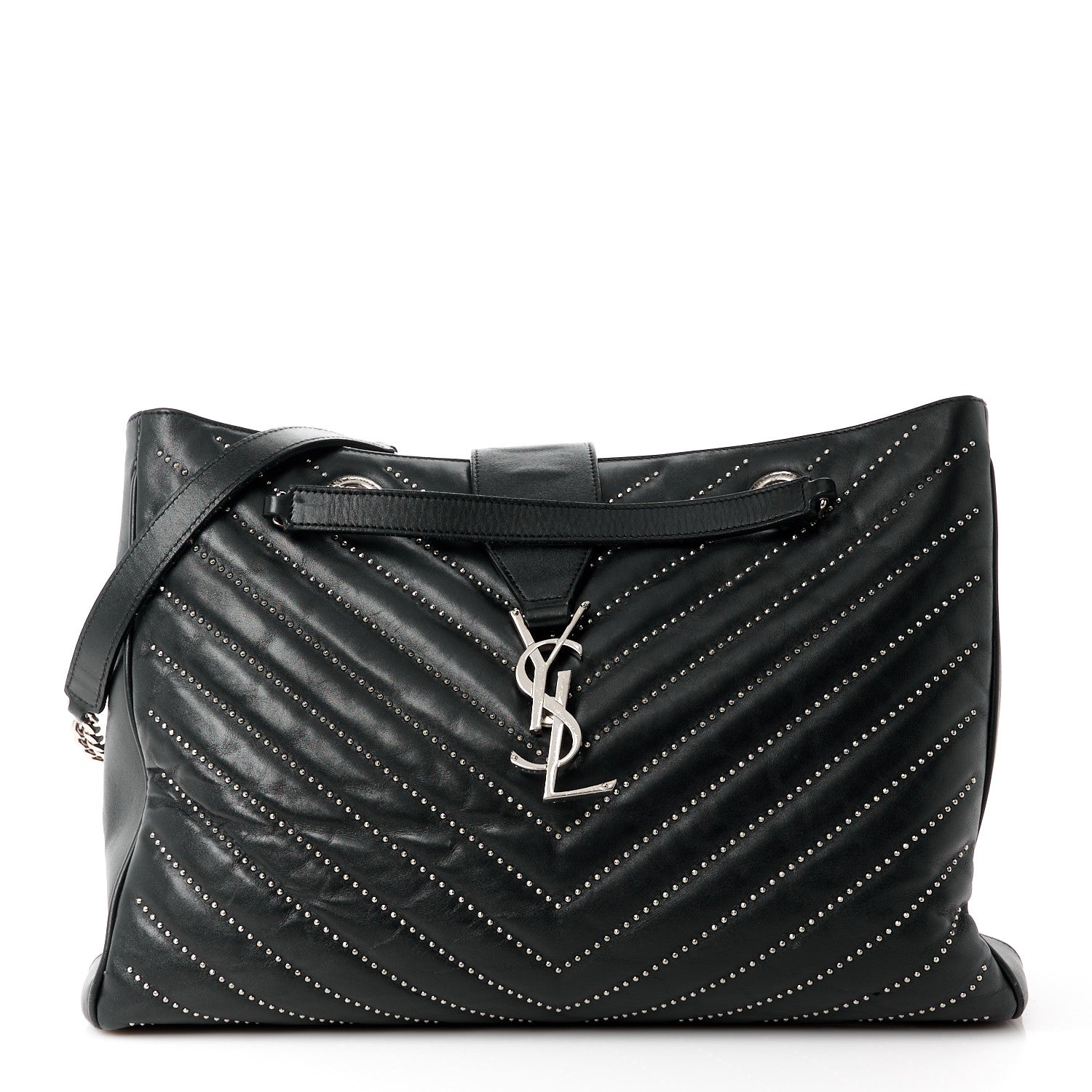 Saint Laurent Lambskin Matelasse Studded Chevron Monogram Shopping Bag Black 1 of 14