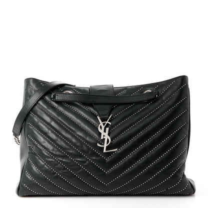 Saint Laurent Lambskin Matelasse Studded Chevron Monogram Shopping Bag Black 1 of 14