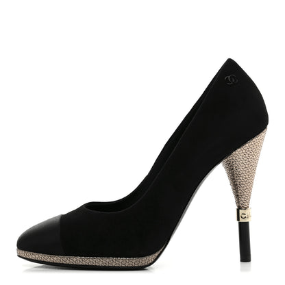 Chanel Suede Calfskin Satin Cap Toe CC Pumps 37 Black 1 of 10