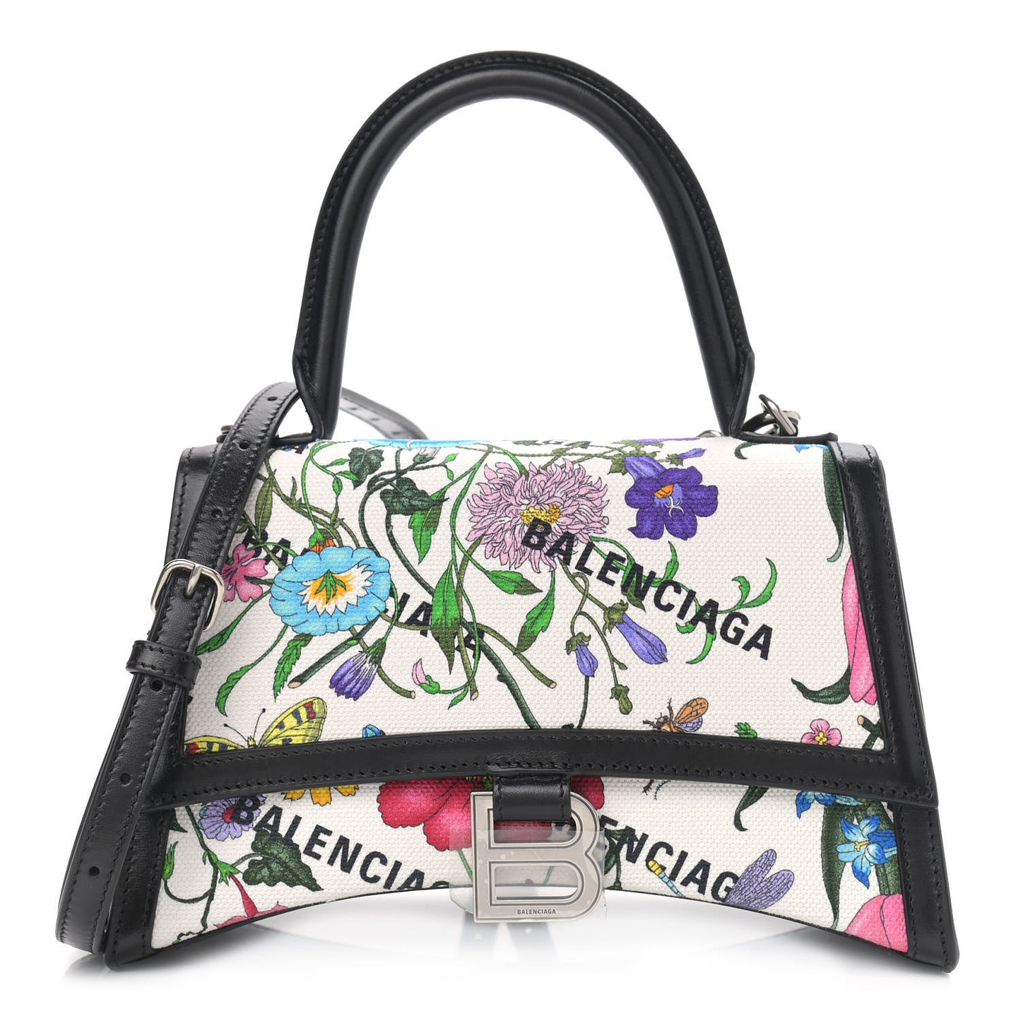 X GUCCI Canvas Boarded Plutone Calfskin Flora Logo Print Small Hourglass Top Handle Bag White Multicolor Black