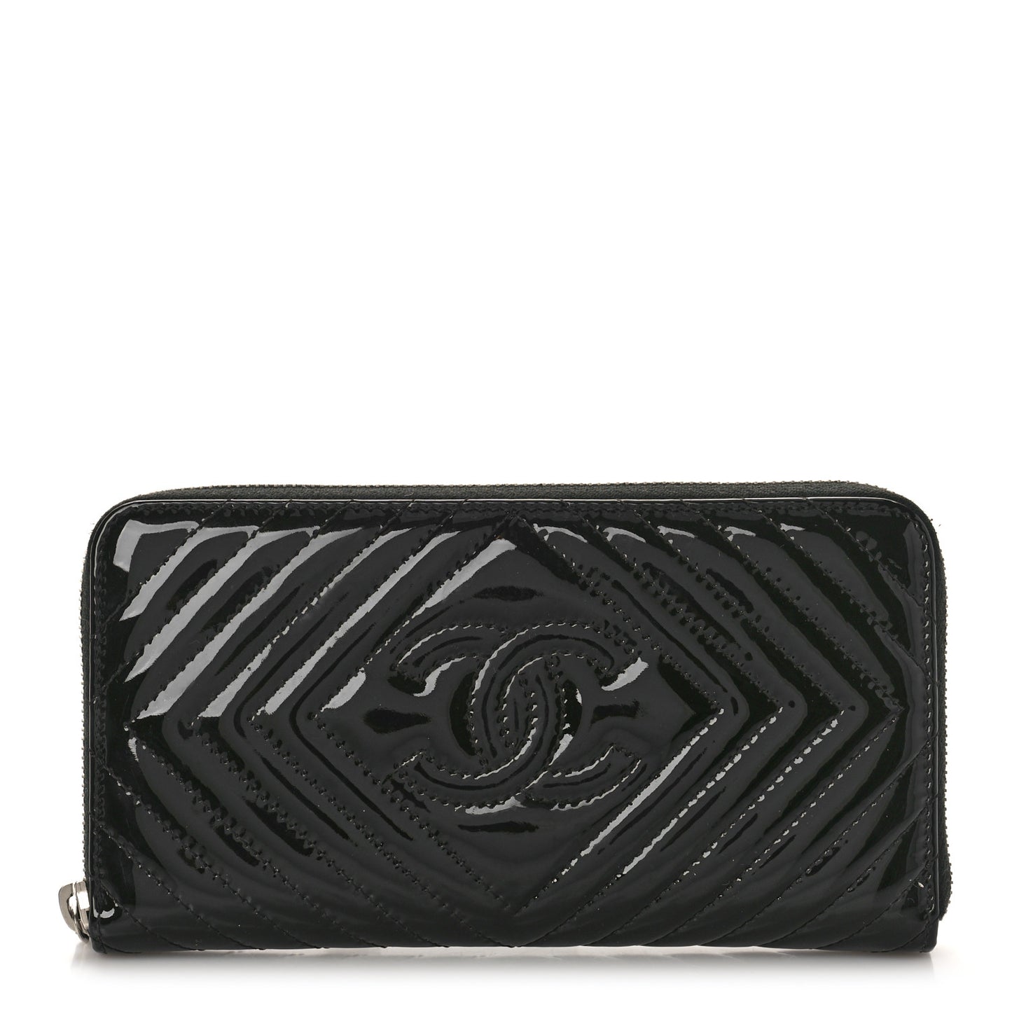 Patent Chevron Quilted CC Zip Around Wallet Black