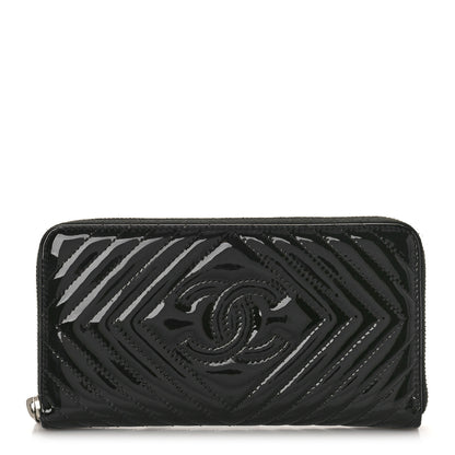 Chanel Patent Chevron Quilted CC Zip Around Wallet Black 1 of 13