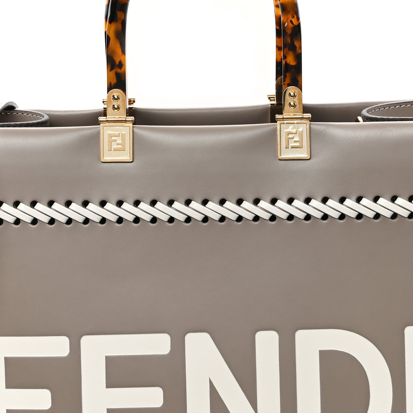 Vitello King Ceylon Plexiglass Woven Logo Debossed Medium Fendi Sunshine Shopper Tote Tortora