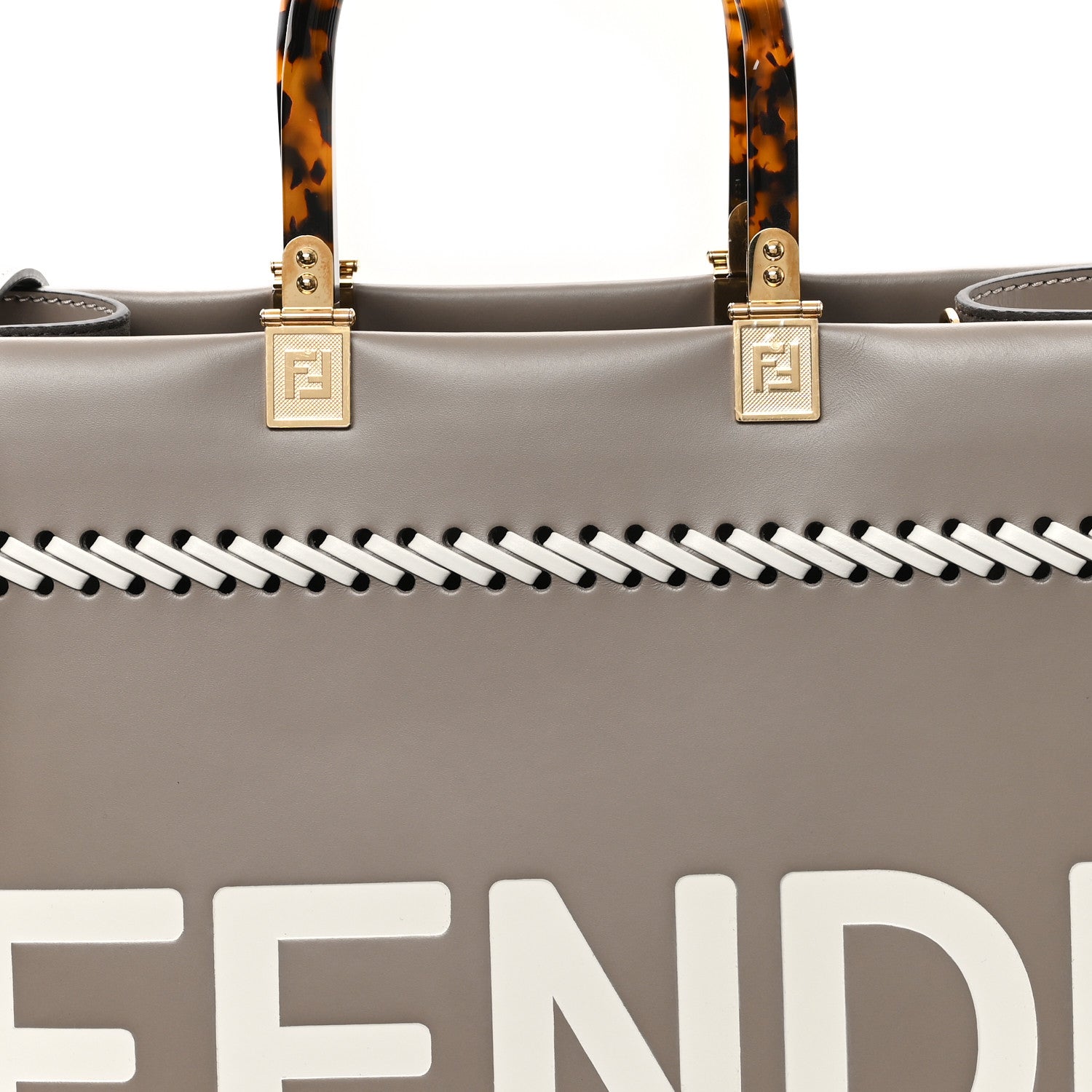 Fendi Vitello King Ceylon Plexiglass Woven Logo Debossed Medium Fendi Sunshine Shopper Tote Tortora 7 of 9
