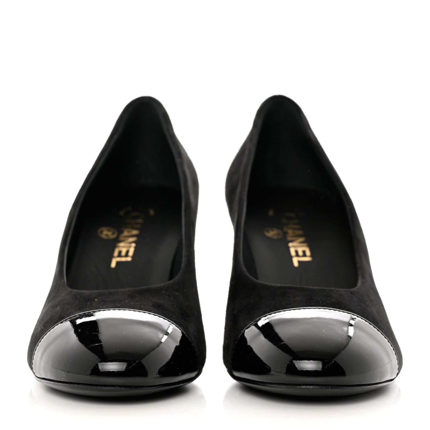 Chanel Kid Suede Patent Calfskin Cap Toe CC Pumps 38 Black 2 of 10