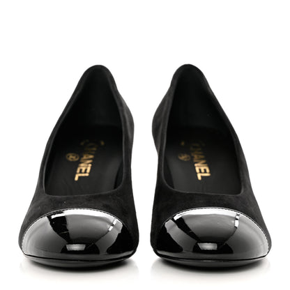 Chanel Kid Suede Patent Calfskin Cap Toe CC Pumps 38 Black 2 of 10