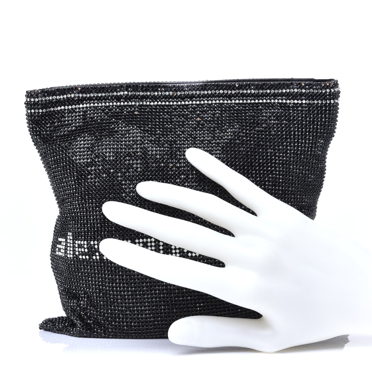 Rhinestone Chain Mesh Wanglock Logo Pouch Black White