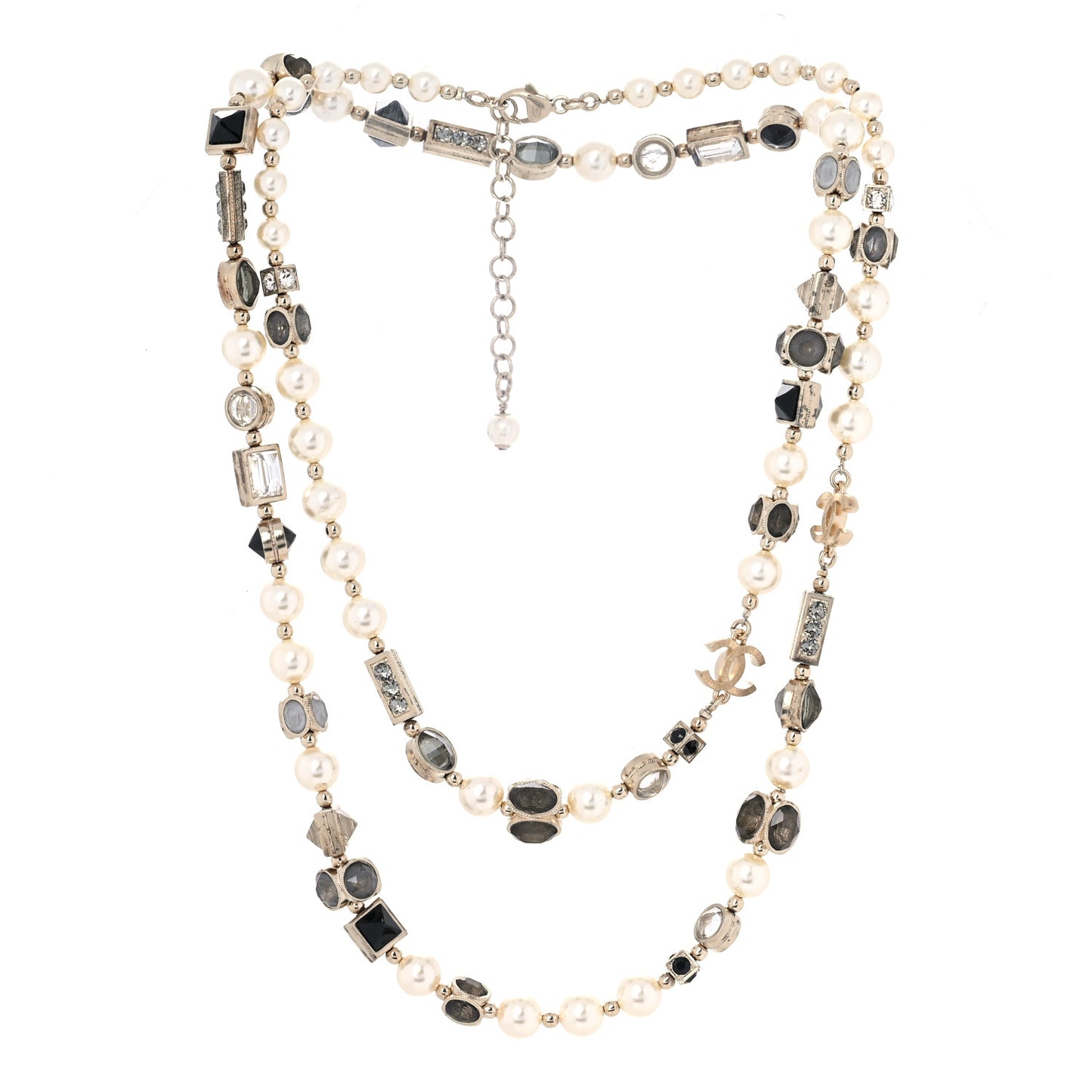 Pearl Gripoix Baguette Crystal CC Long Strand Necklace Gold