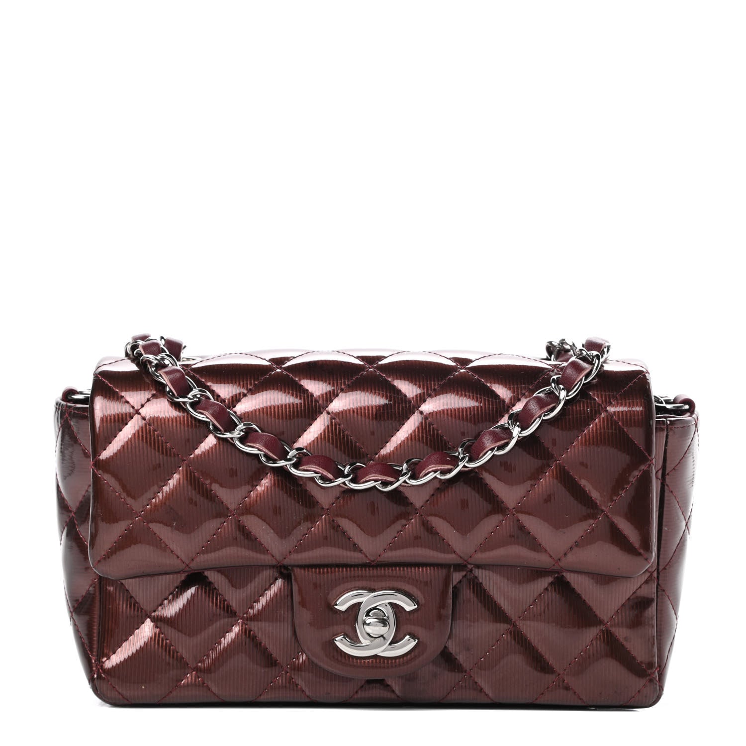 Chanel Striated Patent Quilted Mini Rectangular Flap Burgundy 1 of 14