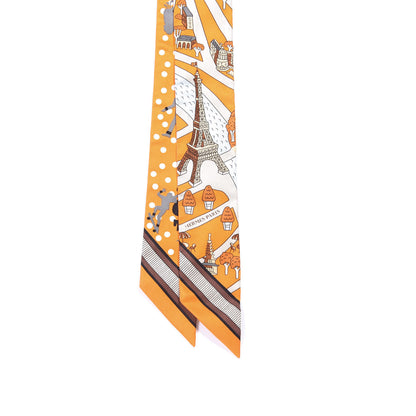 Hermes Silk Les Nouveaux Amoureux de Paris Twilly Orange Ciel Beige 2 of 4