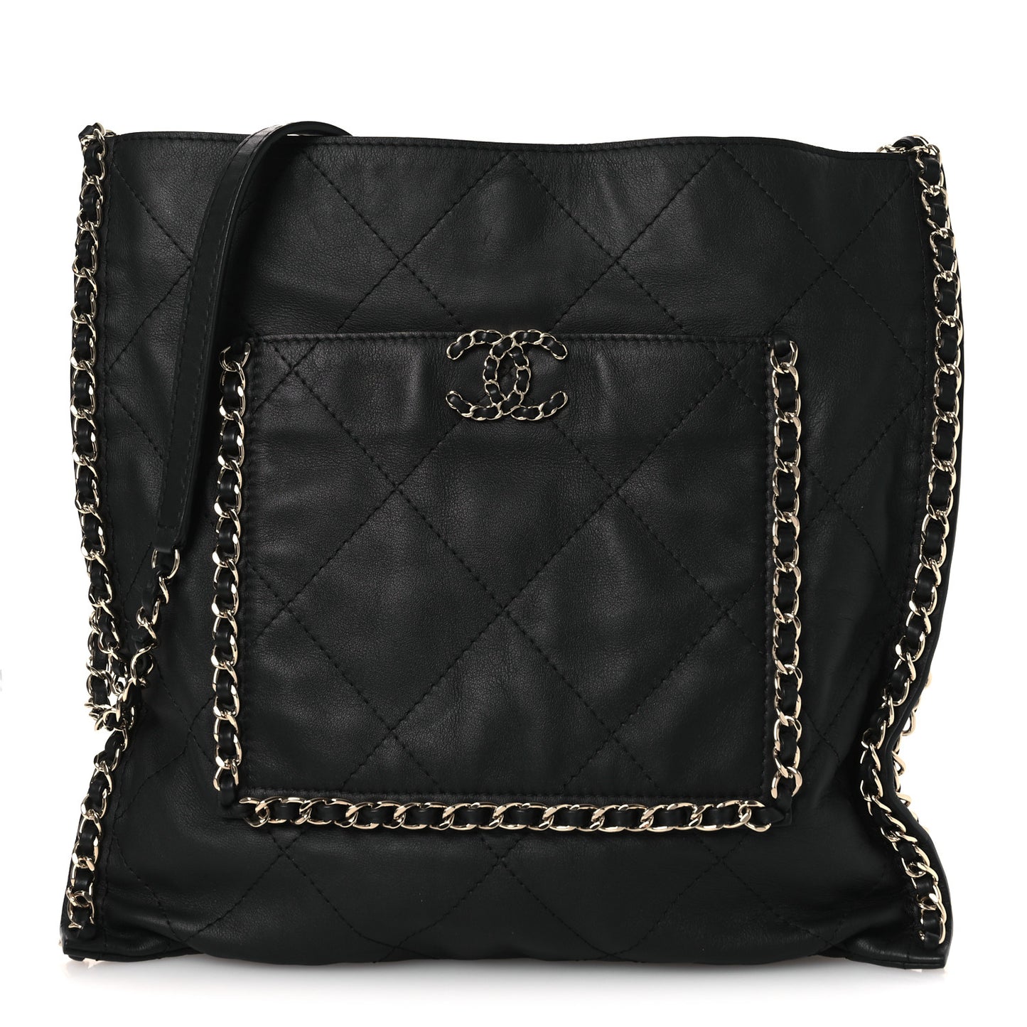 Calfskin Quilted Chain Flat Tote Black