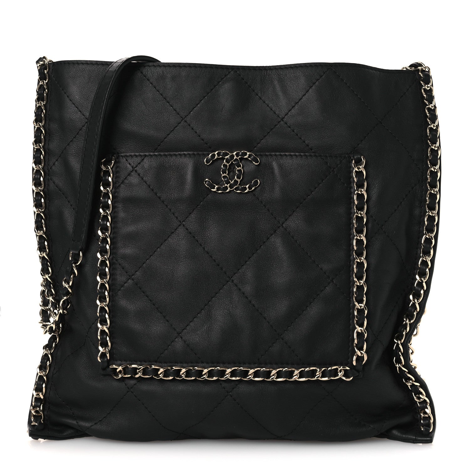 Chanel Calfskin Quilted Chain Flat Tote Black 1 of 10