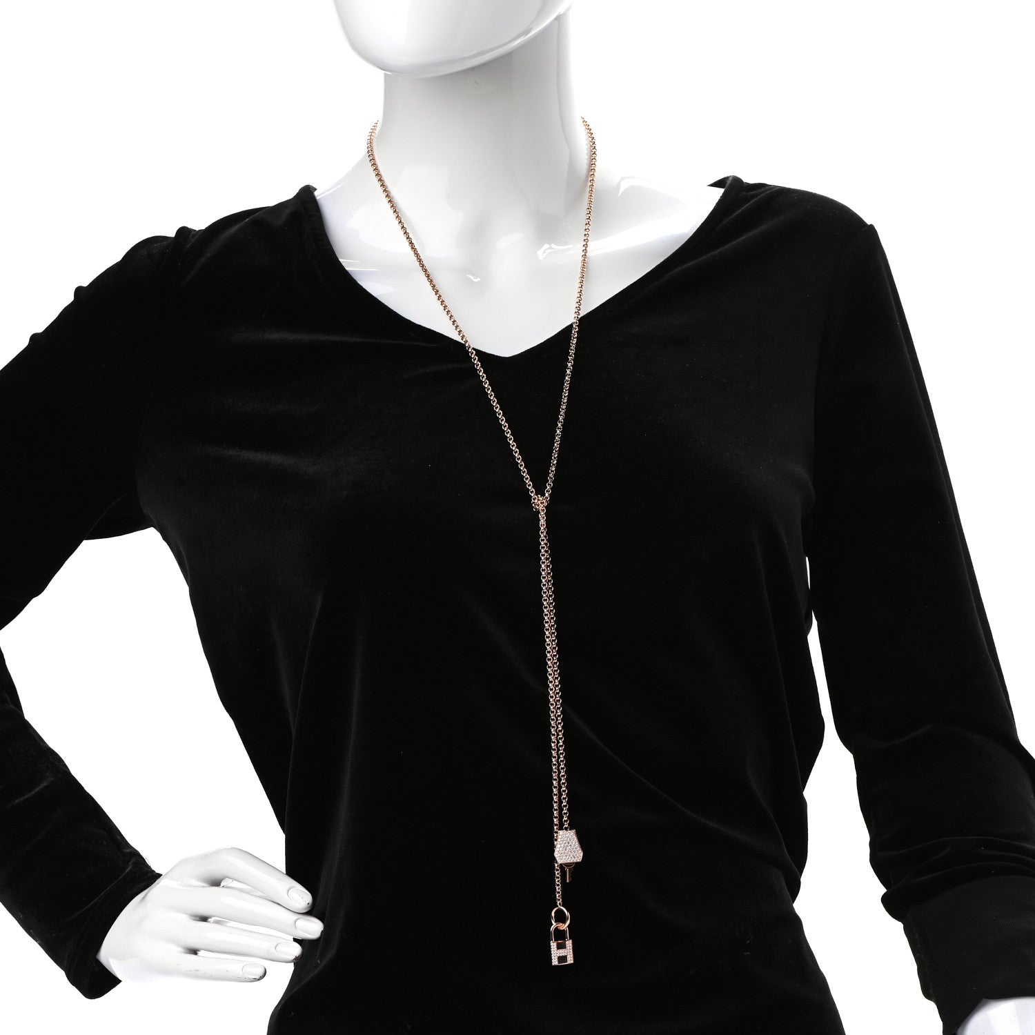 Hermes 18K Rose Gold Pave Diamond MM Kelly Clochette Long Necklace 3 of 5