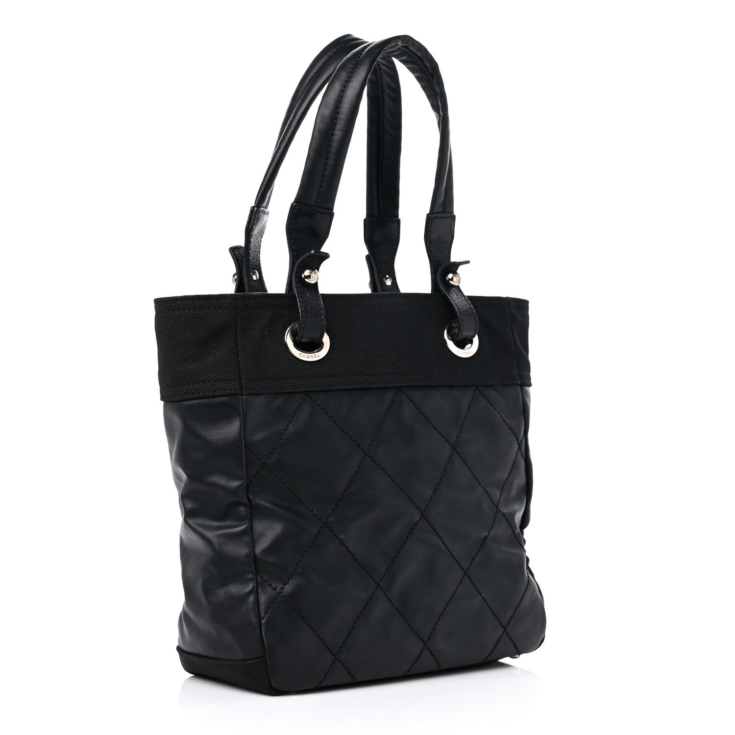 Chanel Coated Canvas Quilted Small Paris Biarritz Tote Black 3 of 12