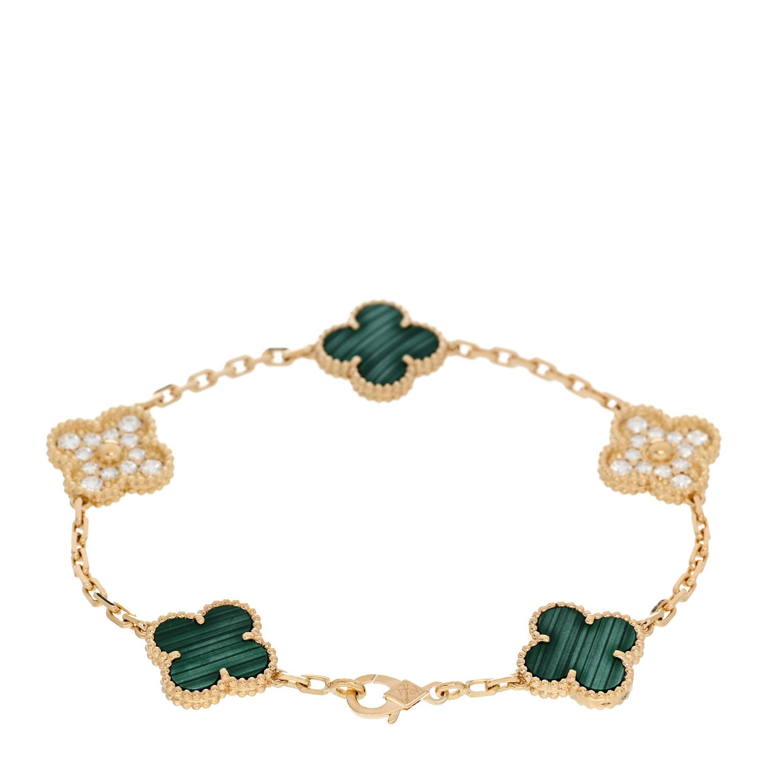Van Cleef & Arpels 18K Yellow Gold Diamond Malachite 5 Motifs Vintage Alhambra Bracelet 2 of 5