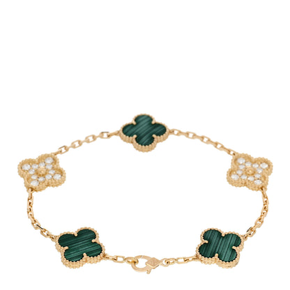 Van Cleef & Arpels 18K Yellow Gold Diamond Malachite 5 Motifs Vintage Alhambra Bracelet 2 of 5