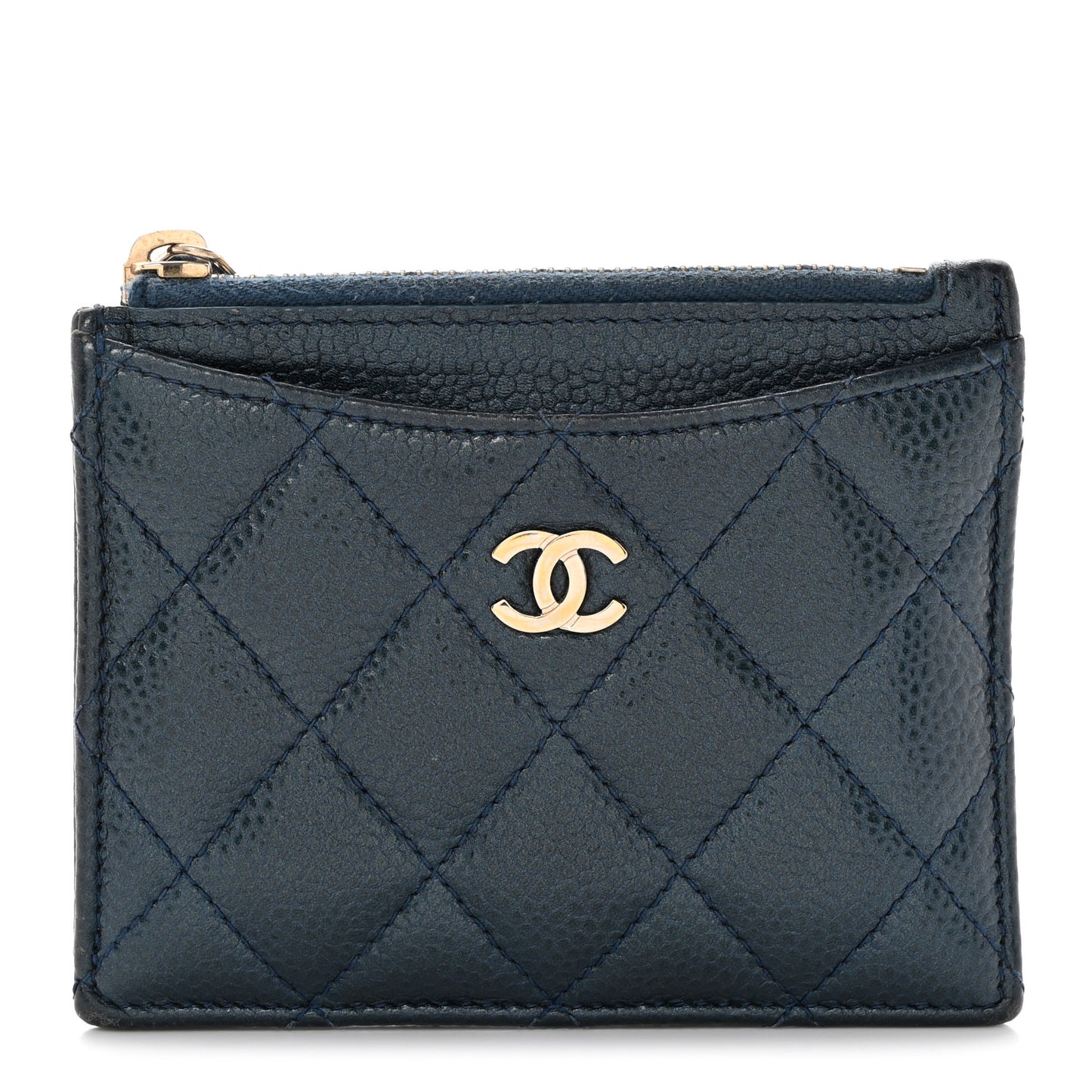 Metallic Caviar Quilted CC Zip Card Holder Dark Blue