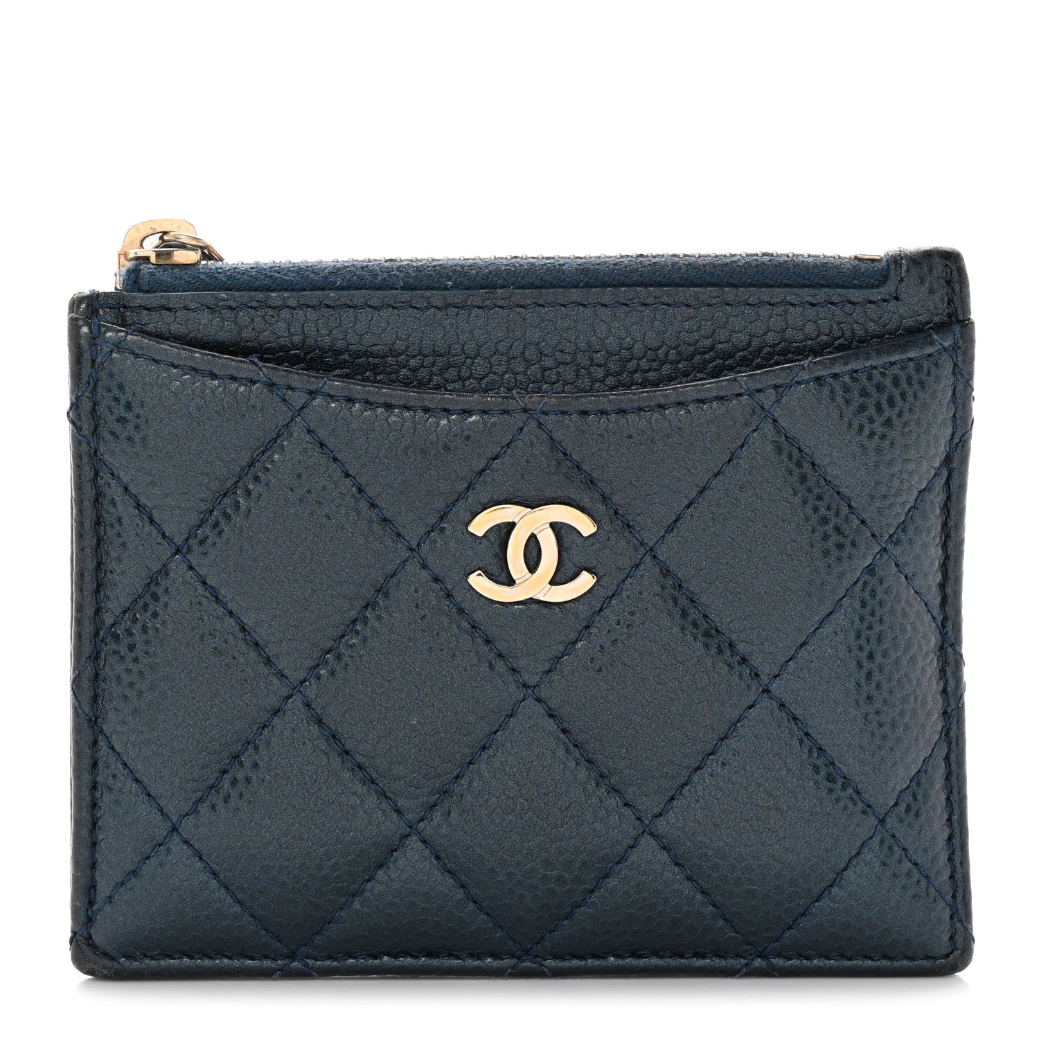 Chanel Metallic Caviar Quilted CC Zip Card Holder Dark Blue 1 of 11