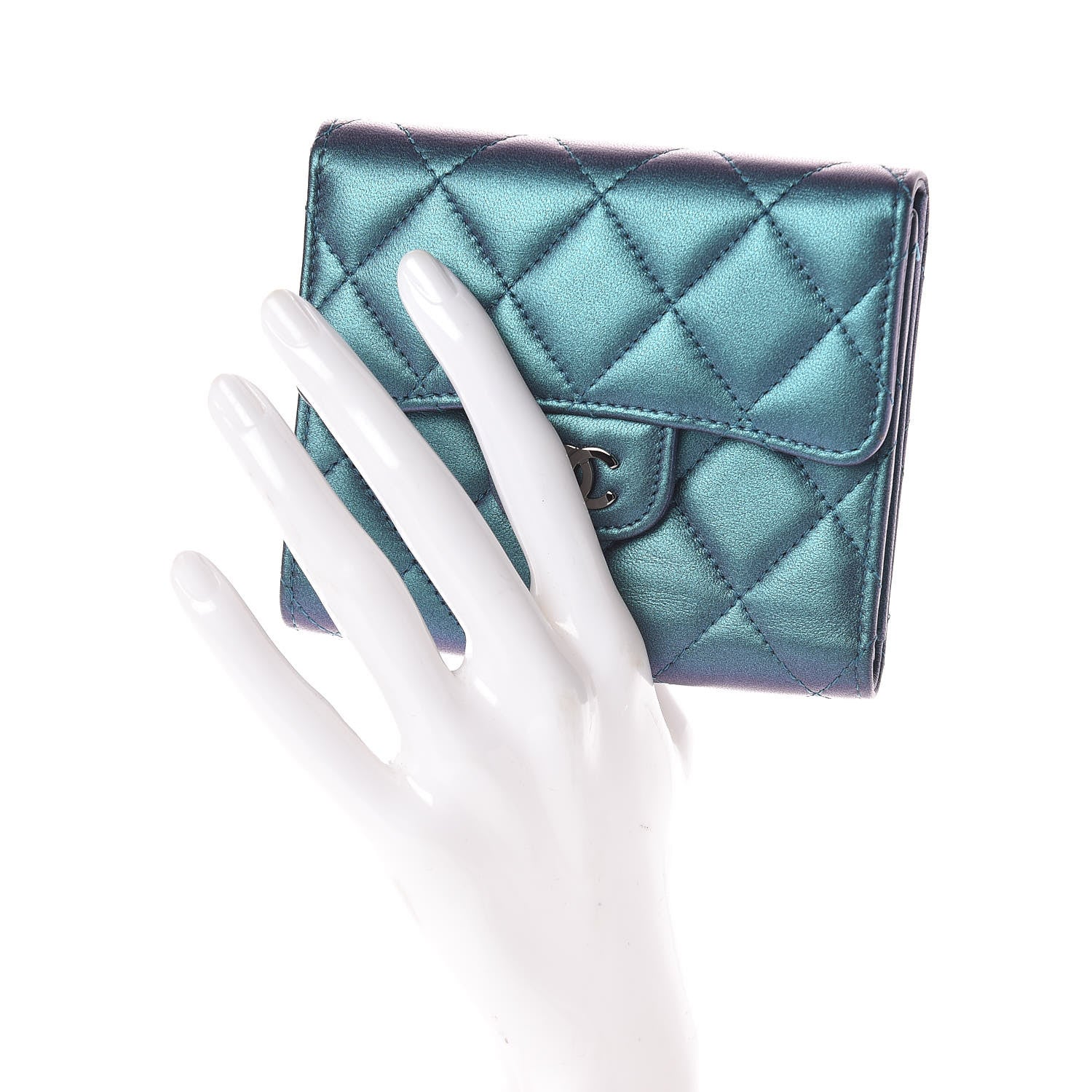 Chanel Iridescent Lambskin Quilted Small Compact Wallet Turquoise 2 of 10