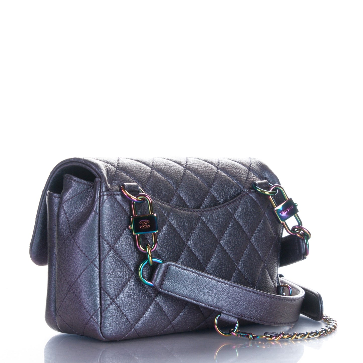 Iridescent Goatskin Quilted Small Double Carry Waist Chain Flap Purple