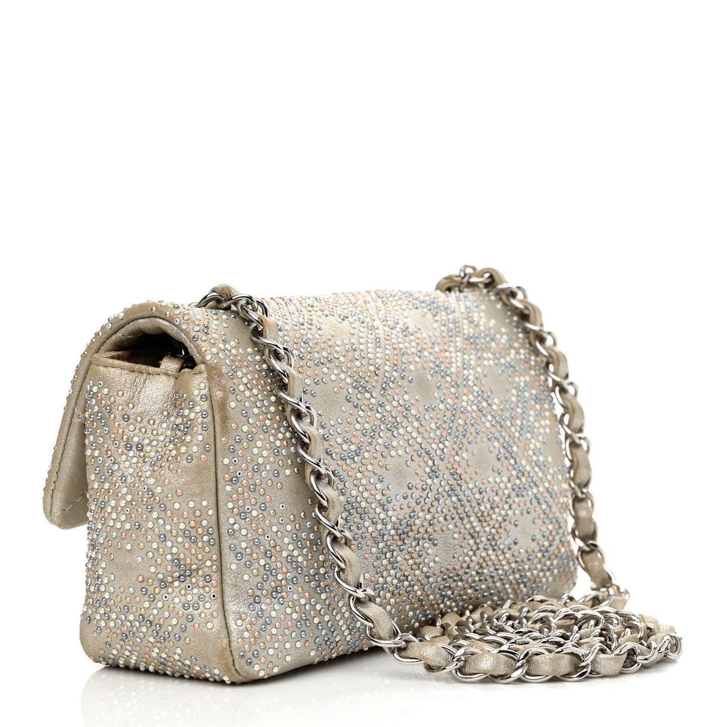 Iridescent Calfskin Studded Mini Flap Silver
